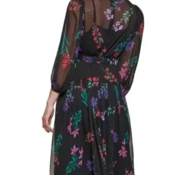 Calvin Klein Chiffon Multicolor Floral Black Long Sleeve Dress - Picture 1 of 2